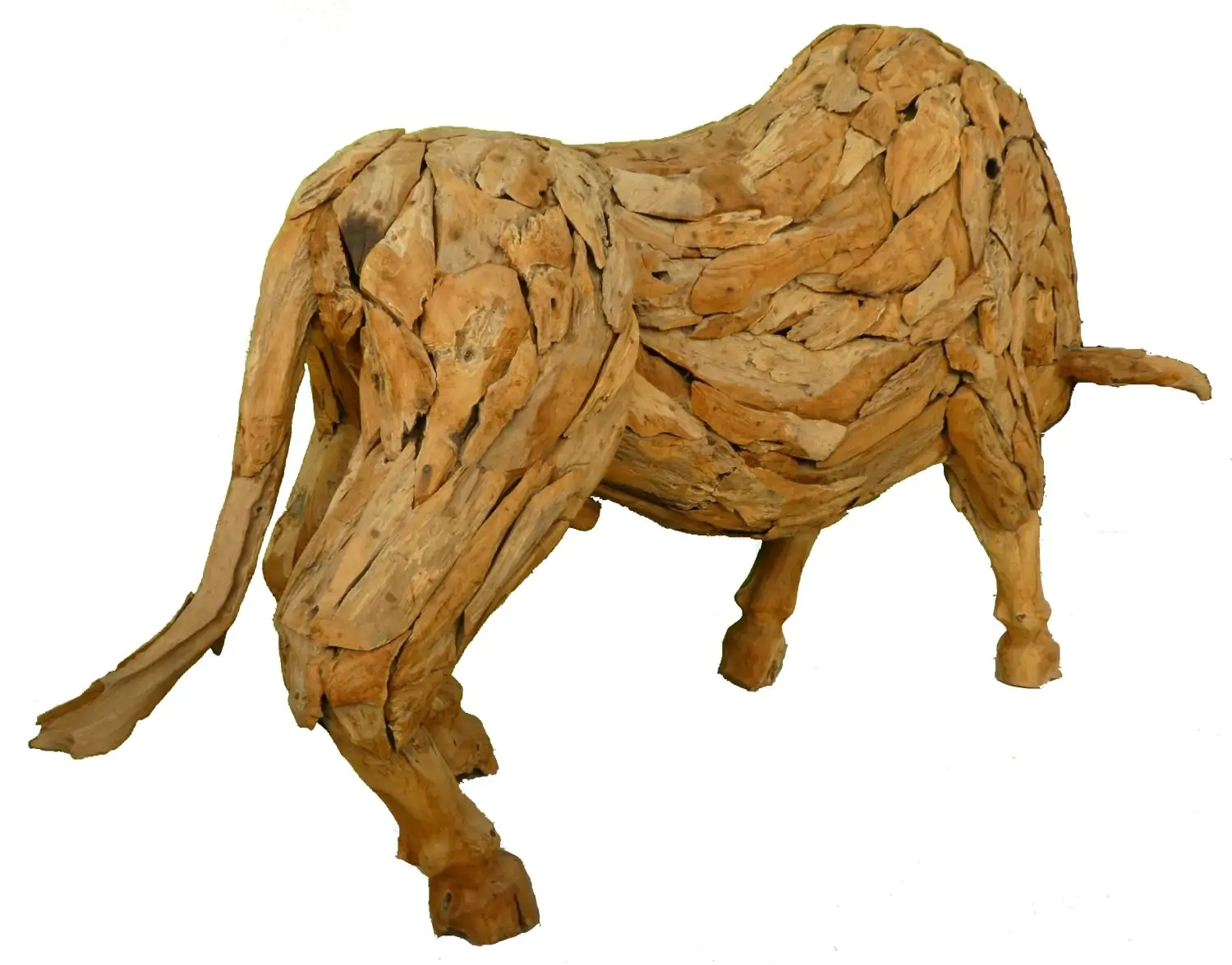  Product image 2 of the product “Standing Bull, with his massive head down. Artistic made made from single teak wood pieces. The head is carved wood. About 220cm length. ”